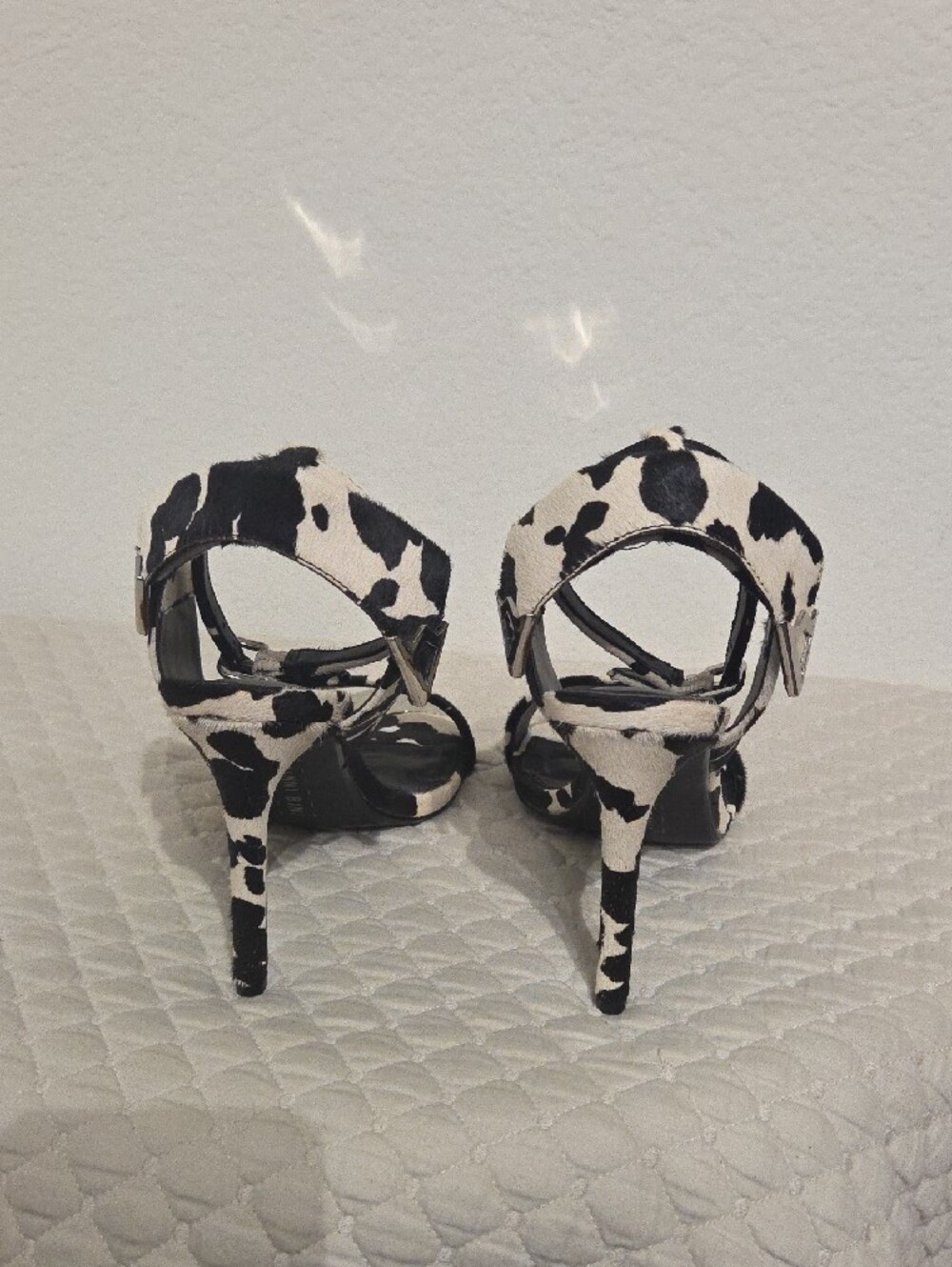 Gianni Bini Black and White Cow-Print Stiletto Sandals - Picture 4 of 5